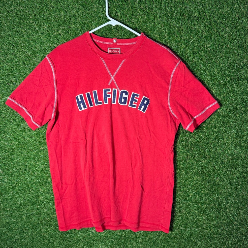 Mens Tommy Hilfiger Red Denim Logo T Shirt XL/XG Vintage Retro Casual Streetwear